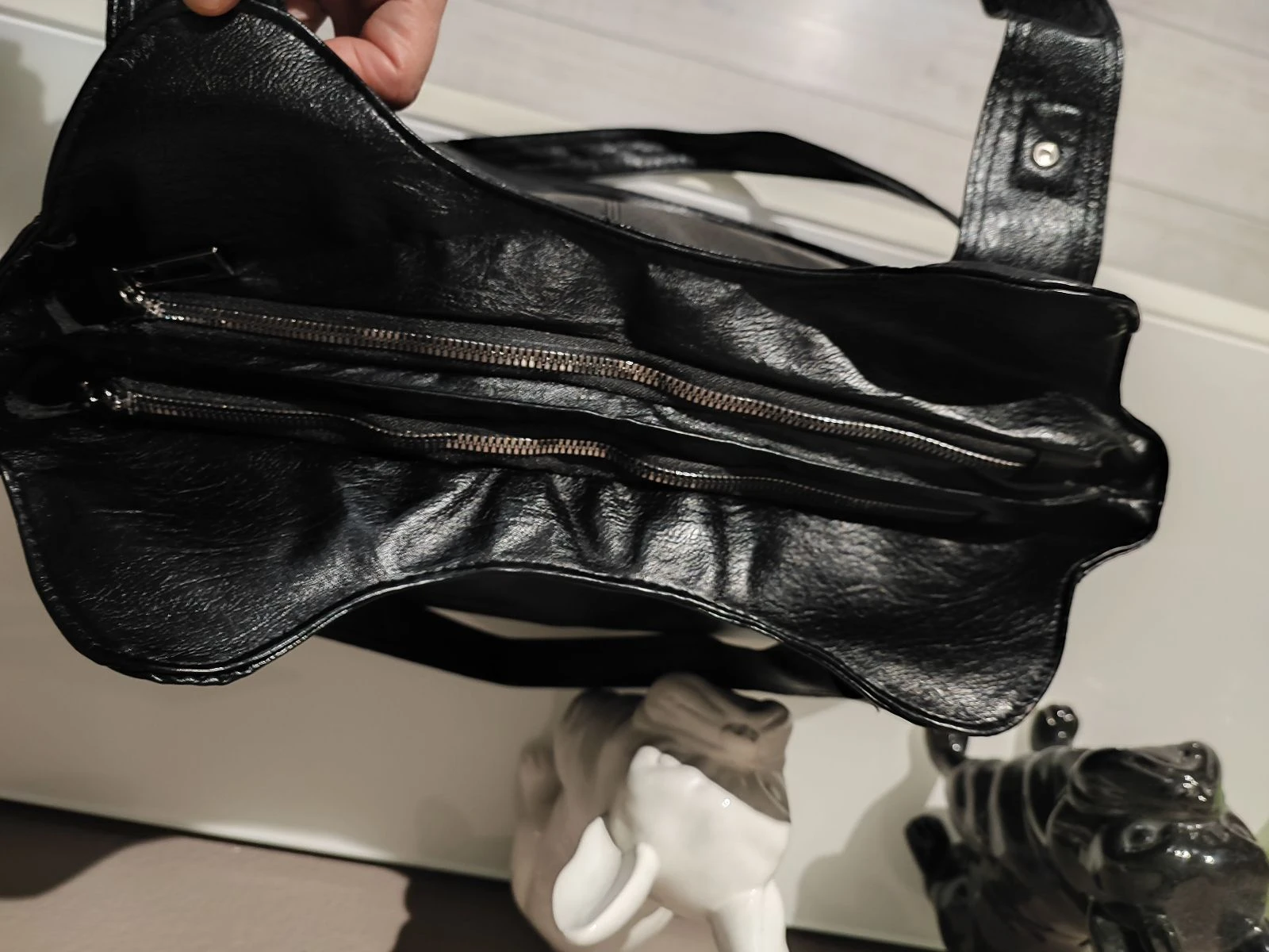 Bolsa grande capacidade couro sintético preto múltiplos bolsos – photo 5